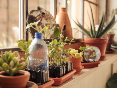 mini-garten für den fensterbank: selbstbewässernde pflanzgefäße aus plastikflaschen und tonresten anlegen