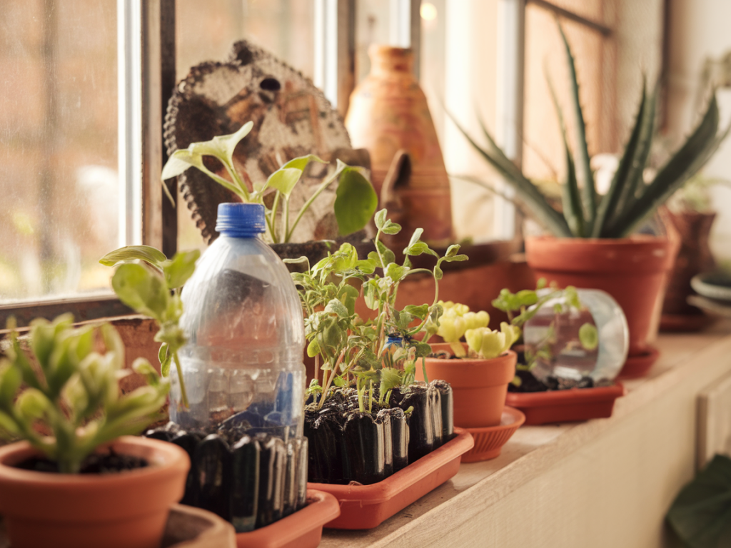 mini-garten für den fensterbank: selbstbewässernde pflanzgefäße aus plastikflaschen und tonresten anlegen