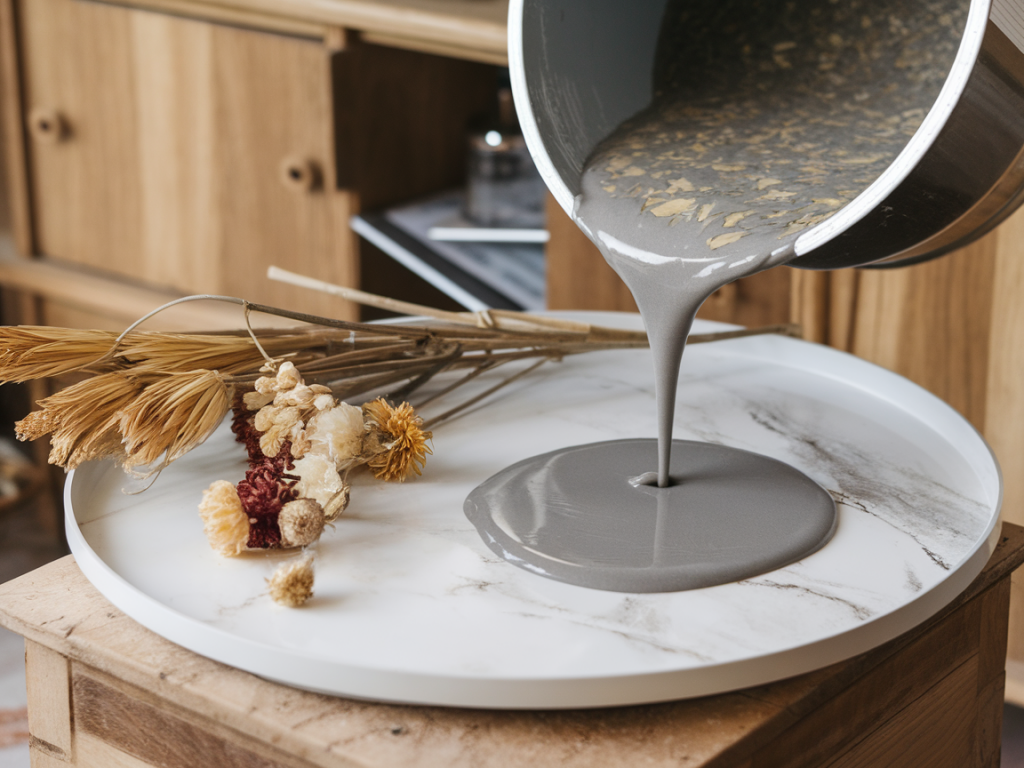 Wie du mit einer ikea lack‑platte, epoxidharz und getrockneten blüten eine marmorierte ablage fürs sideboard gießt