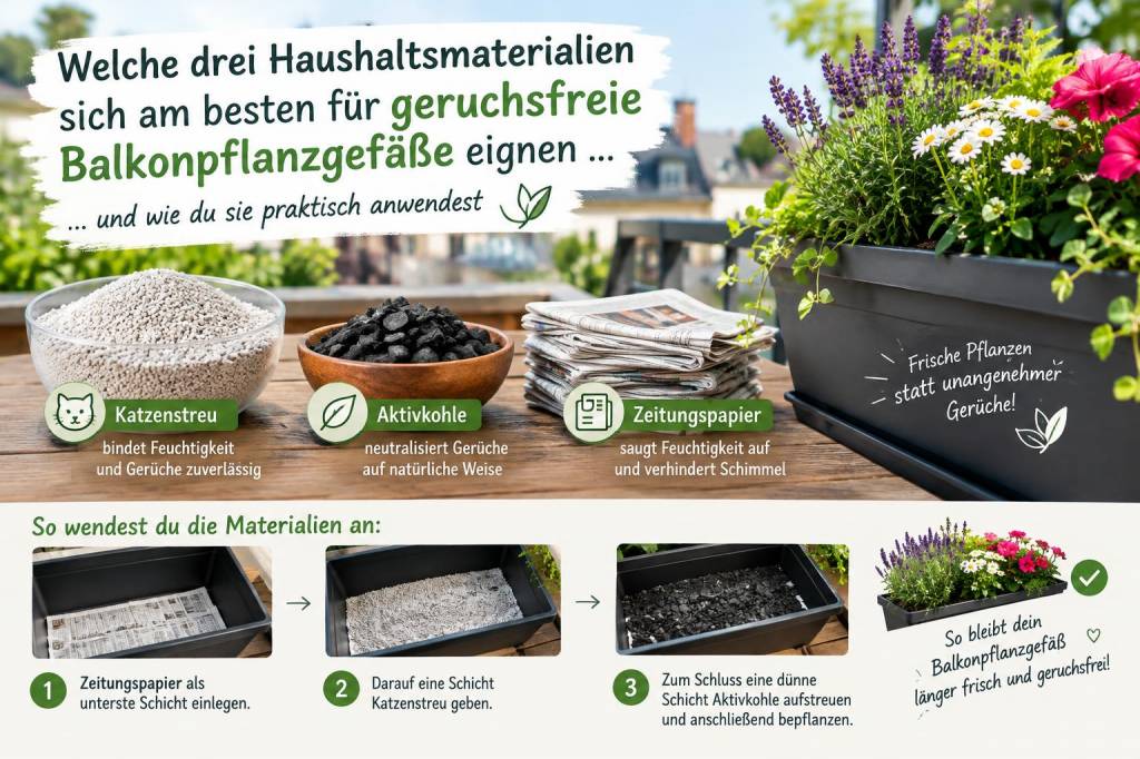 Welche drei haushaltsmaterialien sich am besten für geruchsfreie balkonpflanzgefäße eignen und wie du sie praktisch anwendest