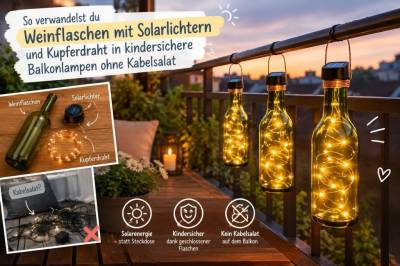 So verwandelst du weinflaschen mit solarlichtern und kupferdraht in kindersichere balkonlampen ohne kabelsalat