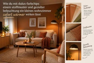 Wie du mit dulux‑farbchips, einem stoffmuster und gezielter beleuchtung ein kleines wohnzimmer sofort wärmer wirken lässt