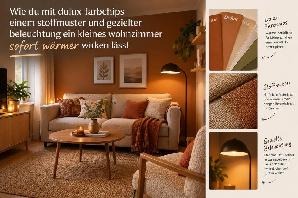 Wie du mit dulux‑farbchips, einem stoffmuster und gezielter beleuchtung ein kleines wohnzimmer sofort wärmer wirken lässt